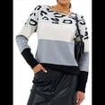 thumbnail image 1 of Suéter de Rayas con Estampado de Leopardo para Mujer, Cuello Redondo, Larga, Tejido con Bloques de Color Azul L, 1 of 3