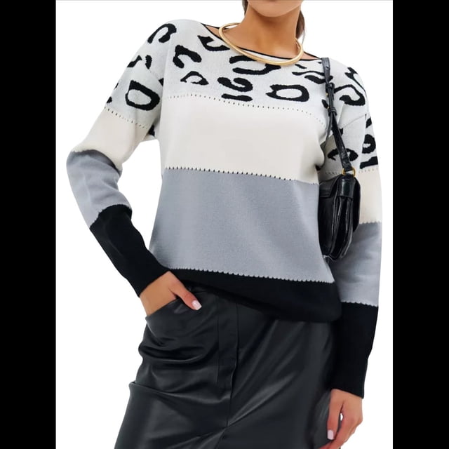Suéter de Rayas con Estampado de Leopardo para Mujer, Cuello Redondo, Larga, Tejido con Bloques de Color Azul L