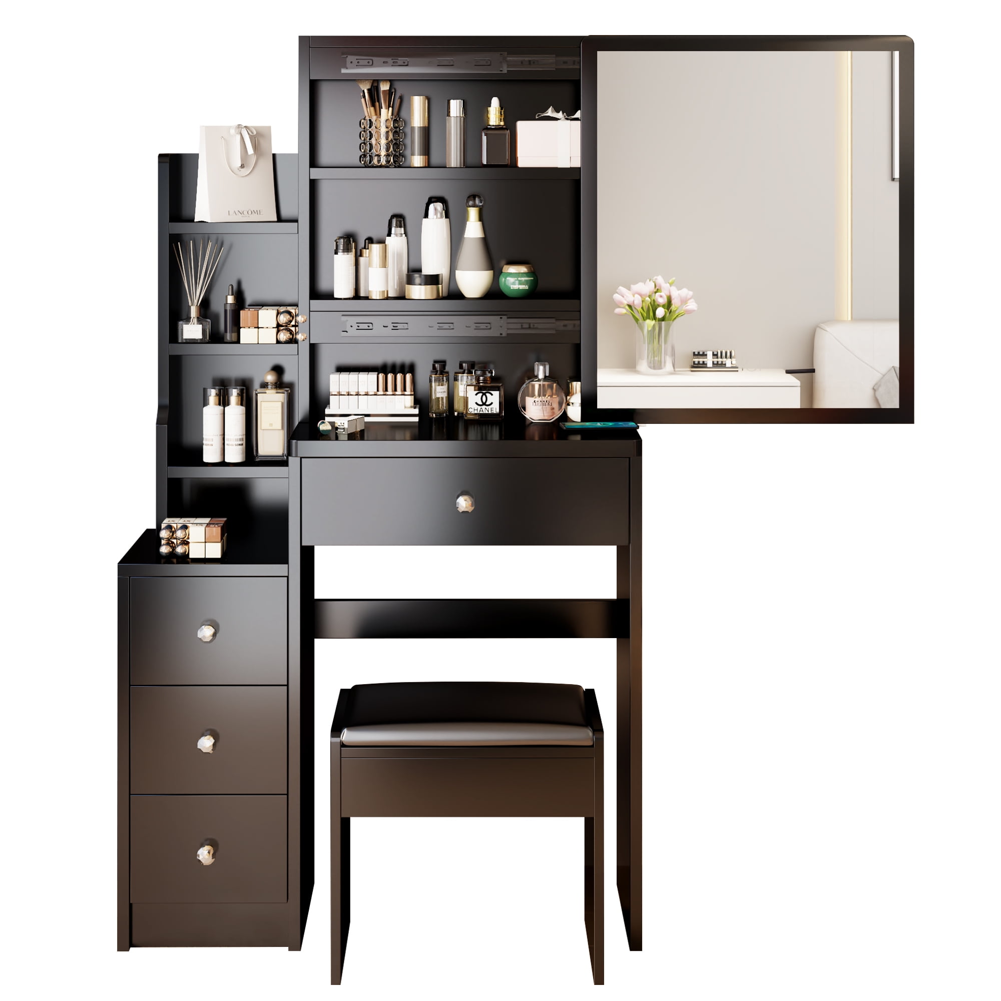 Aukfa Girls Functional Soft-Close Drawer Mirror Table Set Black-A
