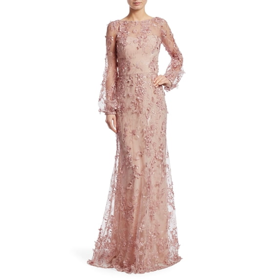 David Meister Floral Embroidered Long Sleeve Evening Gown Dress