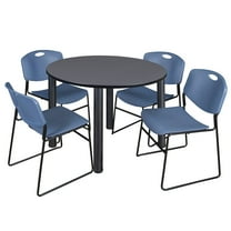Regency 48 in Round Breakroom Table- Grey Top, Black Legs, 4 Zeng Stack Chairs- Blue