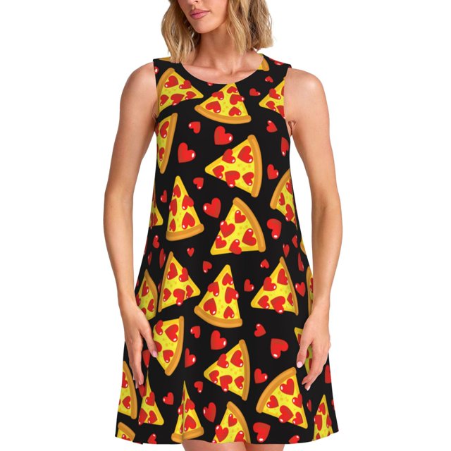 Balery Cartoon Pizza Vestidos de verano para mujer con estampado: vestido holgado sin mangas, vestido playero informal y cómodo para días calurosos.