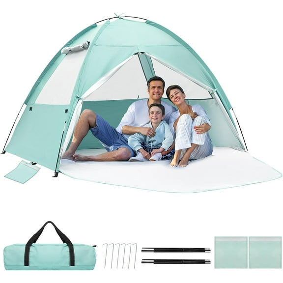 Beach Tent for 3-4 Person, Large Easy Setup Beach Shade Canopy with UPF 50+ UV Protection, Portable Shade Tent with 3 Ventilating Mesh Windows for Outdoor, Picnics, Fishing
