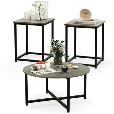 Spaco 3-Piece Coffee Table Set Round Coffee Table and 2PCS Square End Tables-Gray, Modern Coffee Table for Living Room Office Reception