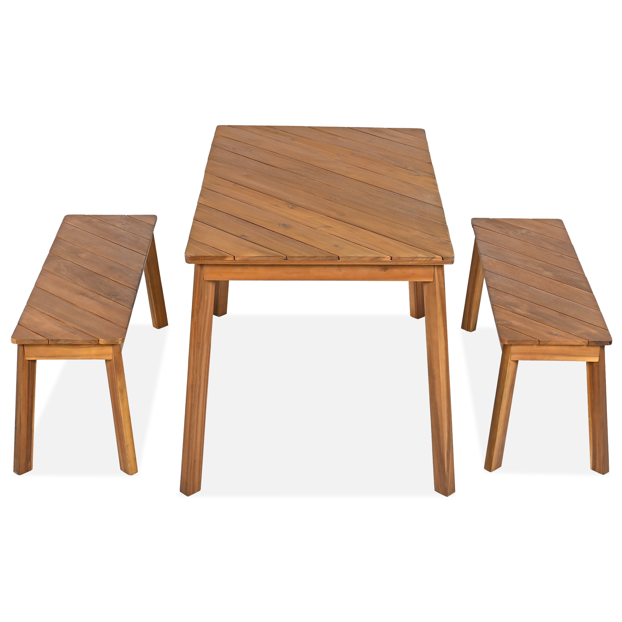 3 Pieces Acacia Wood Table Bench Dining Set For Outdoor & Indoor Furniture With 2 Benches, Picnic Beer Table for Patio, Porch, Garden, Poolside, Natural