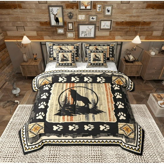 Feelyou Vintage Farmhouse Twin Bedding Sets 7-Piece, Jungle Wolf Animal Bedding Comforter Set, Western Aztec Countryside Sheet Sets, Microfiber Bedroom Decor