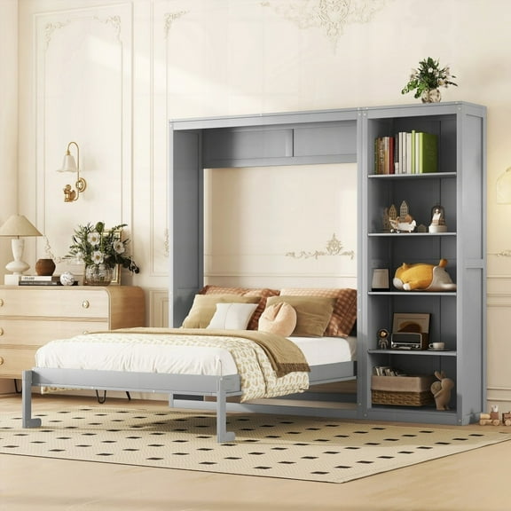 Queen Size Murphy Bed with Shelves - Gray, Space-Saving for Any Room
