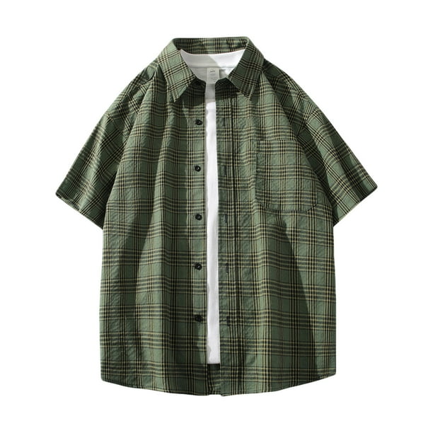 Mens Manga Corta Botón Abajo Camisas Cuadrado Gira Abajo Cuello Casual Camisa para Hombres, Blusa de Verano de Poliéster