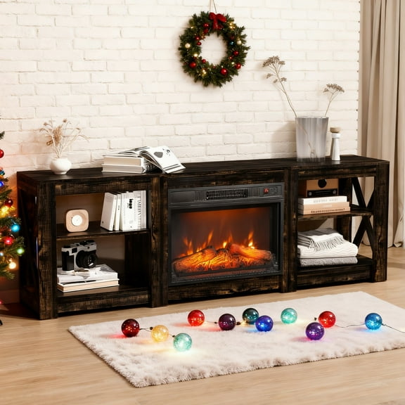 Ktaxon Farmhouse 70in Entertainment Center with 23in Fireplace TV Stand Table for 60/65/70/75" TVs with Open Storage, Black Oak
