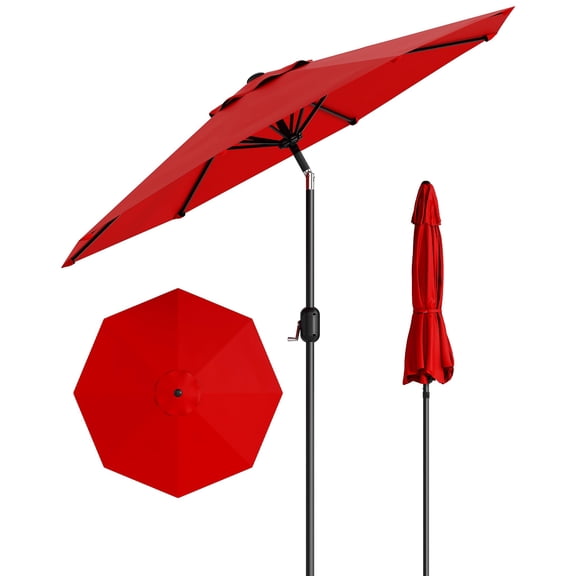 9 ft Patio Umbrella, Outdoor Table Market Umbrella with Push Button Tilt and Crank, 8 Sturdy Ribs UV Protection Waterproof for Garden, Deck, Backyard, Pool (Red)