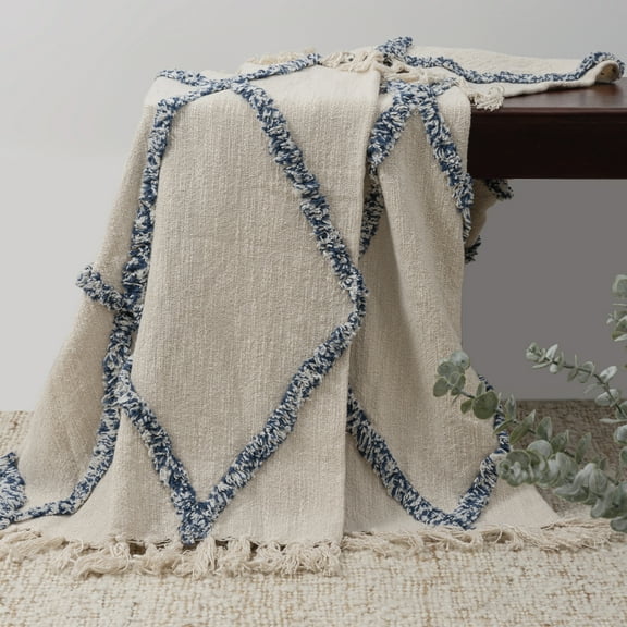 Ox Bay Ivory/Blue Shag Diamond Fringe Lightweight Cotton Throw Blanket, 50" x 60"