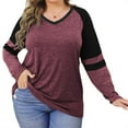 thumbnail image 3 of Long Sleeve Women V-neck T-shirt Color Block Striped Plus Size Casual Shirt Tops, 3 of 4