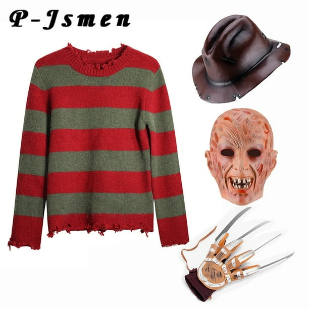 P Jsmen Disfraz de cosplay de freddy krueger para hombre sueter de punto a rayas rojas sombrero de copa mascara accesorios de halloween