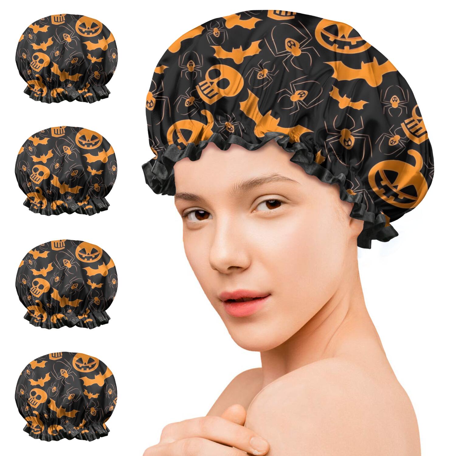 Shower Caps,Halloween Pumpkins Bats Spiders and Skulls Waterproof Shower Cap for Women 4 Pieces,Double Reusable Hair Cover for Shower PEVA Elastic Stretch Hem