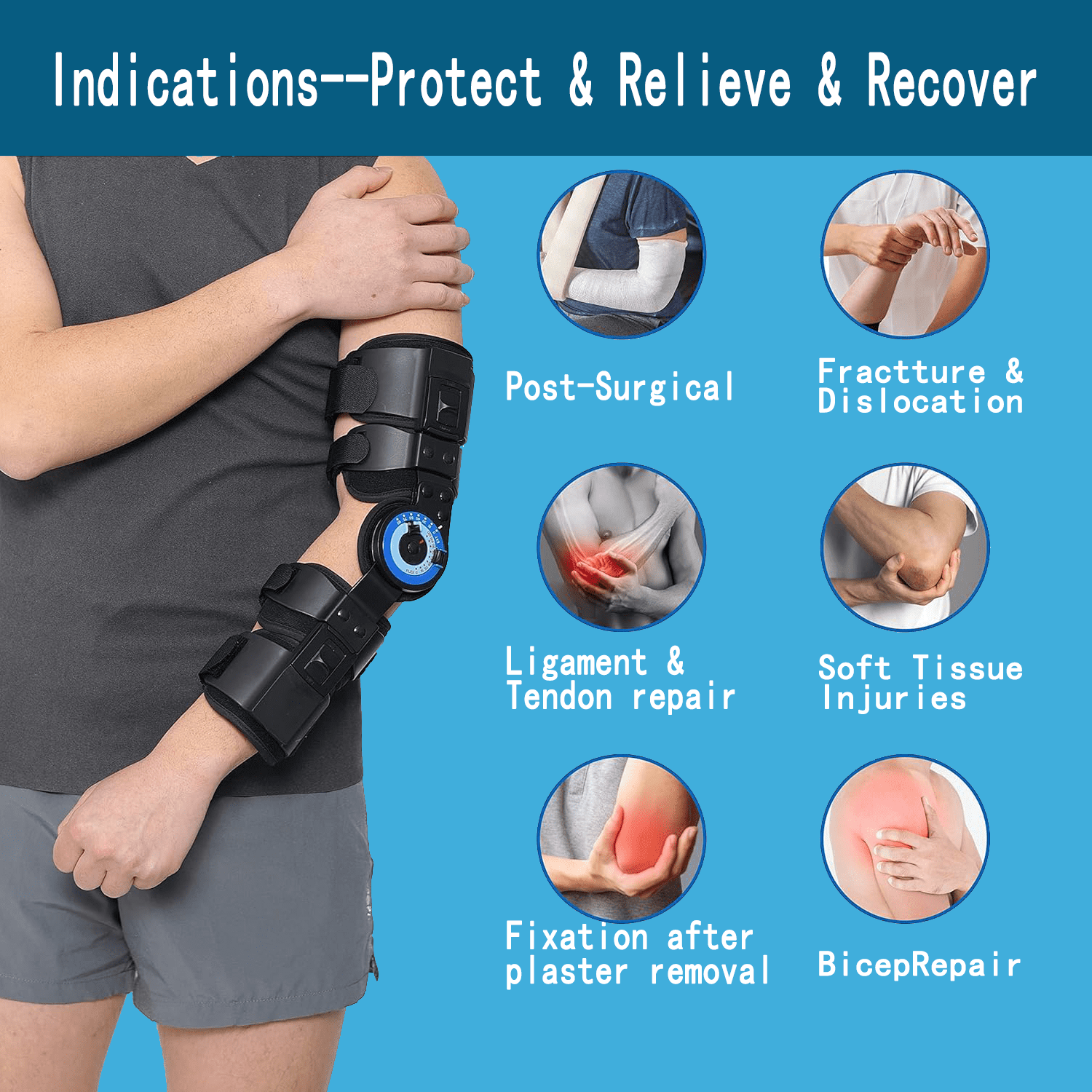 Hinged ROM Elbow Brace, Range of Motion Support Sling Stabilizer for Dislocated Arm, Post Tendon Injury & Surgery Pain Relief Recovery (Left)