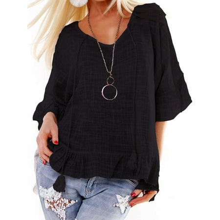 - Womens Summer Ruffle Bell Sleeve Tops Blouse Casual Tunic Loose Beach T-Shirt