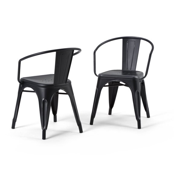 Simpli Home Larkin Metal Dining Arm Chair (Set of 2) in Distressed Black, Silver