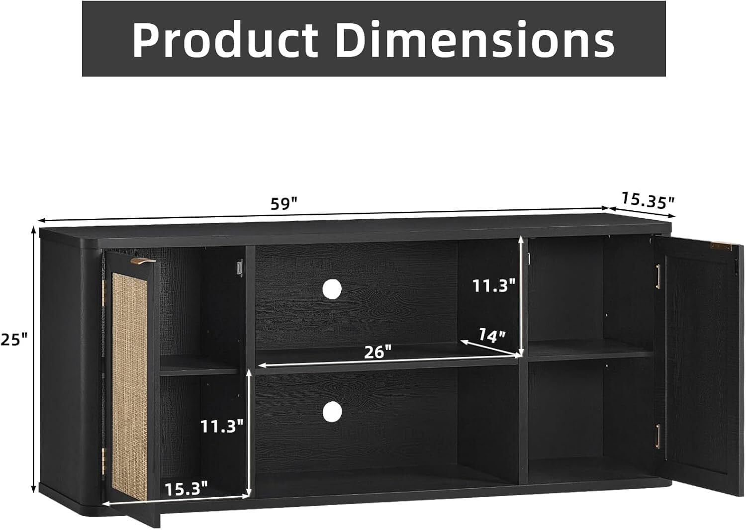 59"W Rattan TV Stand with 2 Doors– Large Boho Farmhouse TV Cabinet Media Console with Adjustable Shelves & Spacious Countertopfor Living Room, Black