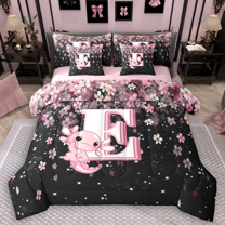 Manfei Girls Pink Monogrammed Bedding Comforter Set 7-Piece, Personalized Letter E Full Bedding Set, Kawaii Axolotl Cherry Blossoms Fitted Sheet Flat Sheet, Luxury Bedroom Decor