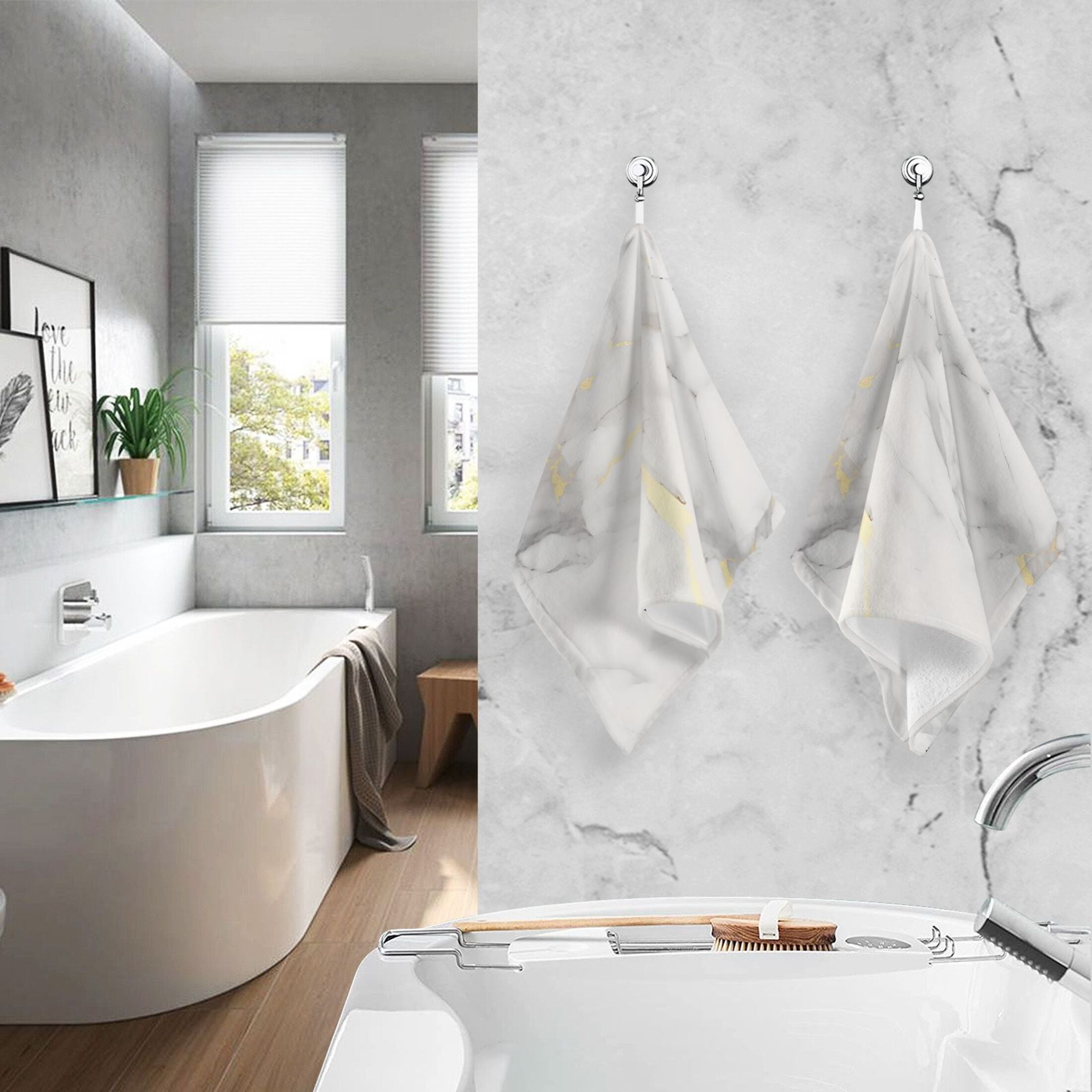 2 Pcs Hand Towel Set Grey White Marble Cotton Absorbent Soft Face Towels Bath Towels for Bathroom Kitchen Shower Hotel Decor 16"x28"