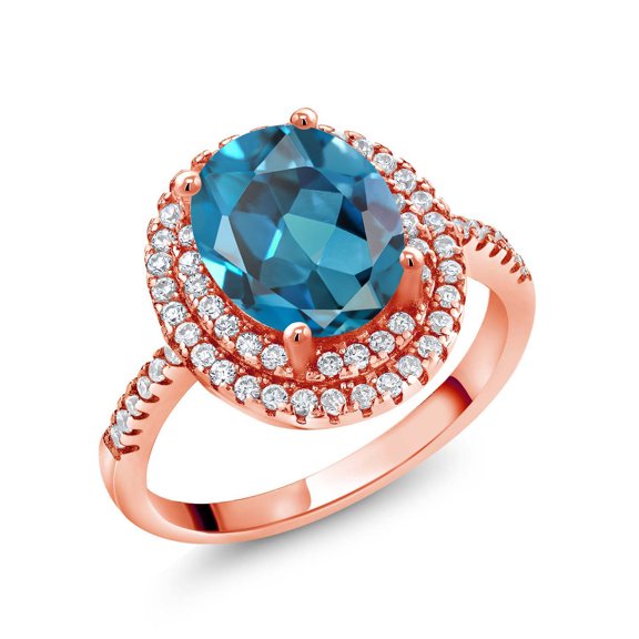 Gem Stone King 18K Rose Gold Plated Silver Halo Engagement Ring Topaz Moissanite (2.68 Cttw)