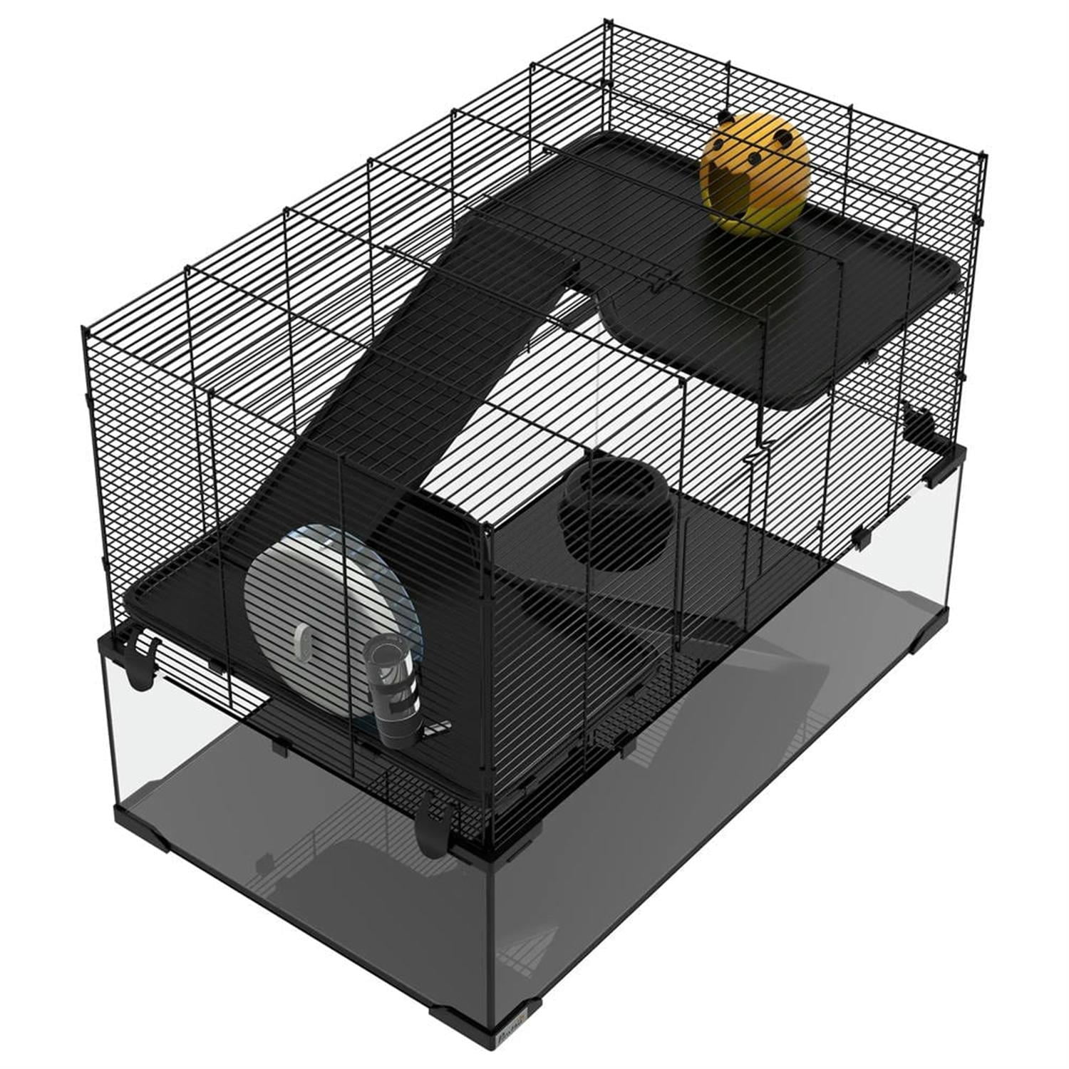Kadyn 31" Hamster Cage, Gerbil Cage with Glass Basin for Small Hamsters, 3 Levels Small Animal Habitats, Black