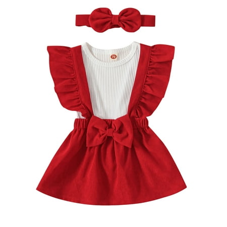 

Sunisery 3Pcs Newborn Baby Girls Summer Outfits Short Sleeve Ribbed Romper + Solid Color Suspender Skirt + Headband Red 6-12 Months