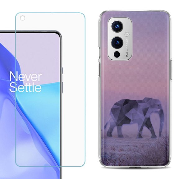 Slim-Fit TPU Phone Case Compatible with OnePlus 9 5G, with Tempered Glass Screen Protector, by OneToughShield ® - Twilight Elephant