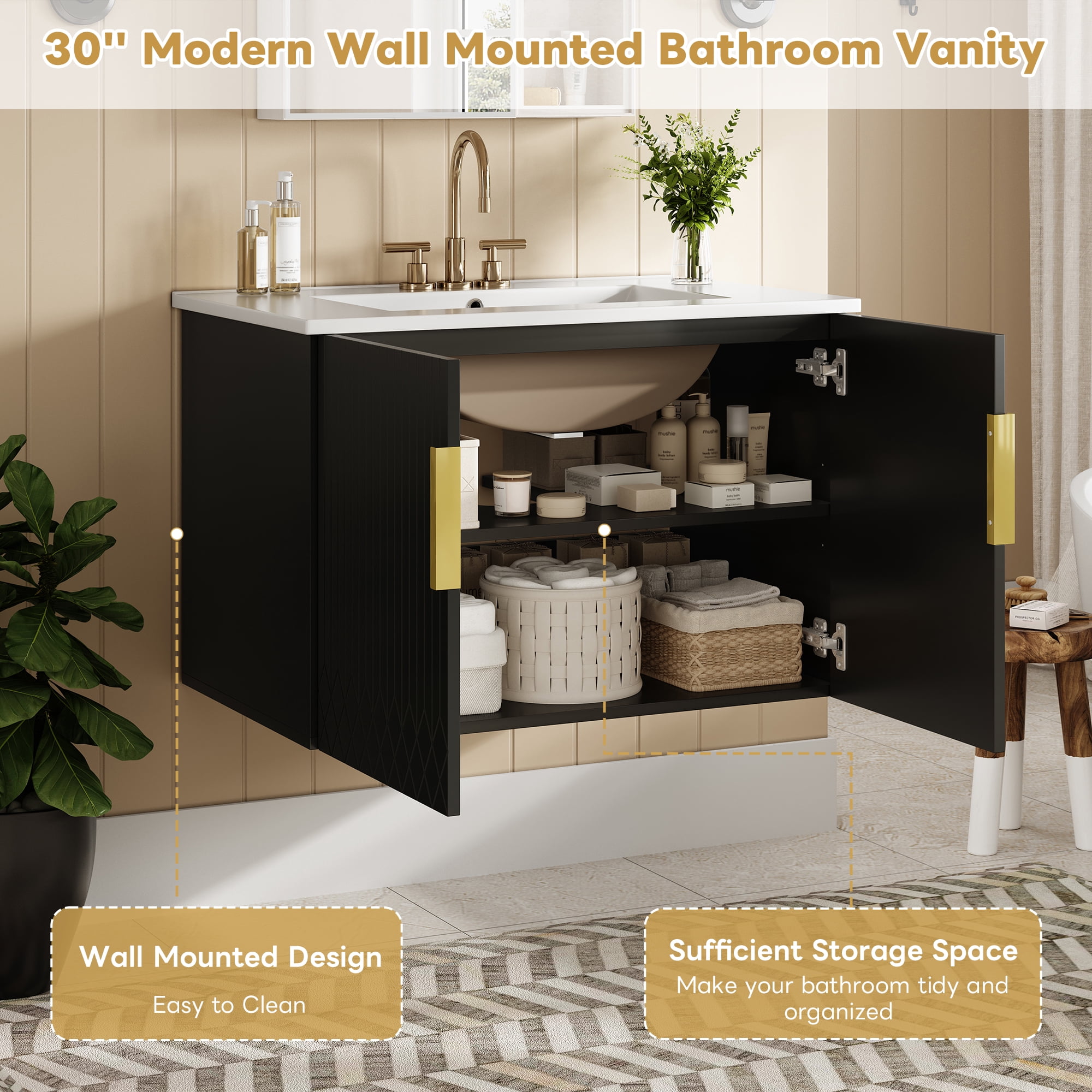 Euroco 30-Inch Wall-Mounted Bathroom Vanity with Glossy Ceramic Sink, Dual Soft-Close Doors, and Adjustable Shelf,