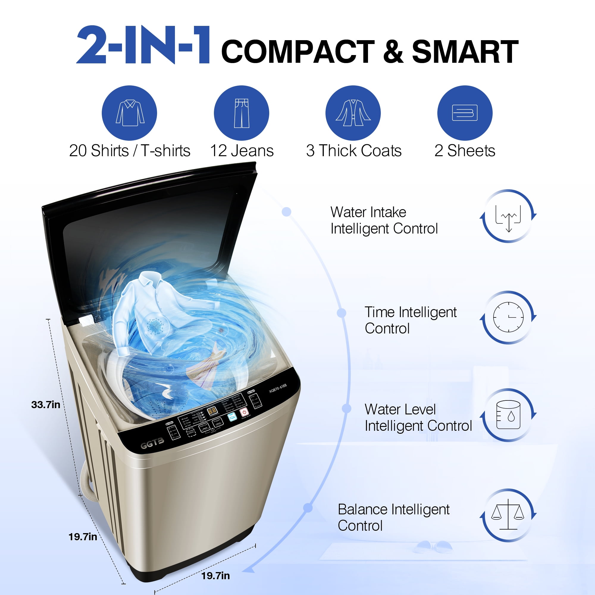 GGTB Portable Washing Machine for Apartments, 20 lbs Full Automatic Clothes Washer Machine,1.9 Cu.ft Top Load Washer with 10 Wash Programs/8 Water Levels, Coffee Gold