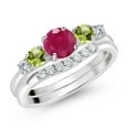 thumbnail image 2 of Gem Stone King 10K White Gold Red Ruby Green Peridot and White Lab Grown Diamond 5 Stone Bridal Engagement Wedding Ring Set for Women (0.90 Cttw, Round: 5MM and 3MM, Size 5), 2 of 6