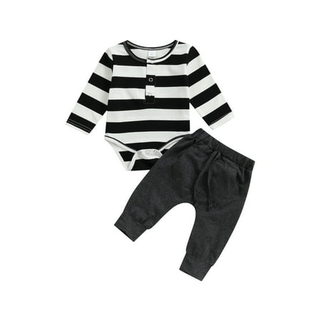 

Kiapeise Newborn Baby Boy Clothes Set Long Sleeve Striped Bodysuit Romper + Drawstring Pants 2Pcs Fall Winter Outfits