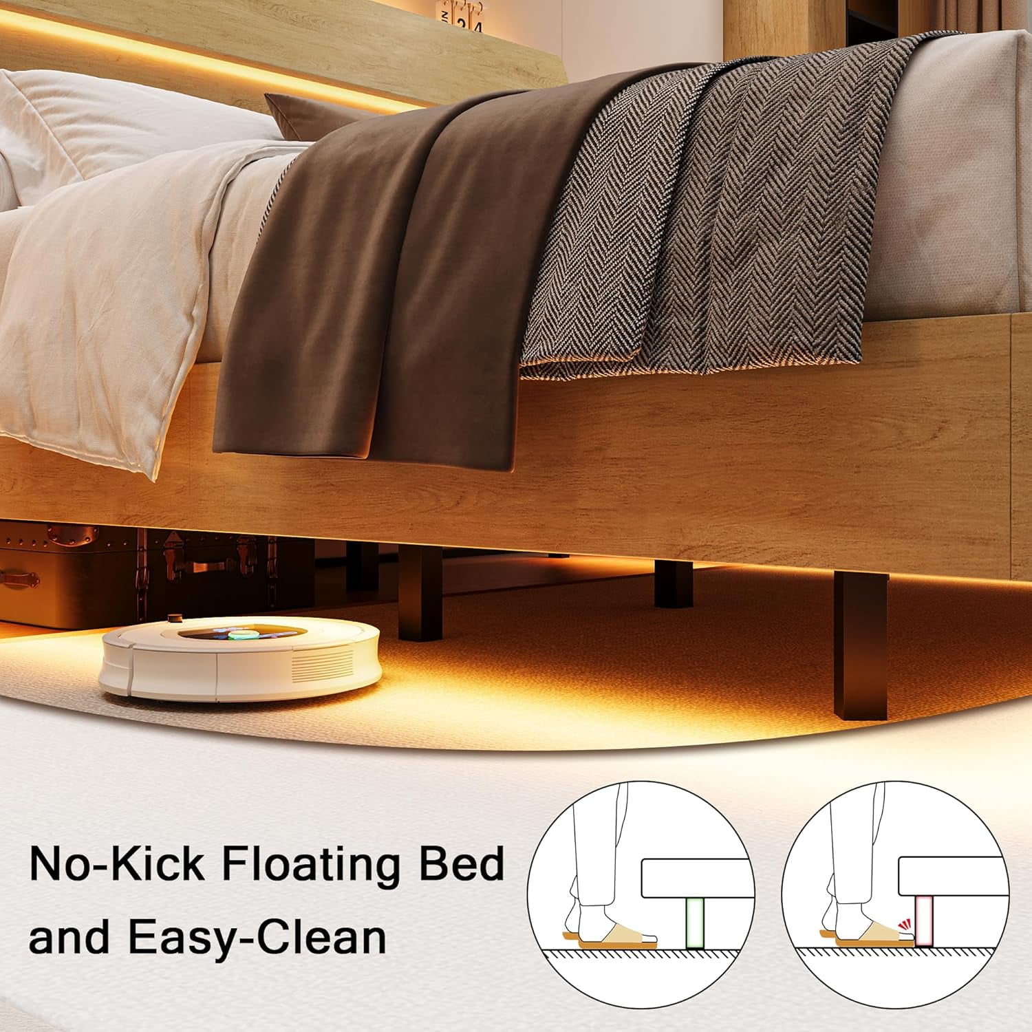 Feonase King Floating Bed Frame with LED Lights & Charging Station, Platform Bed with Wooden Storage Headboard, Steel Slats Support, No Box Spring Needed, Easy Assembly, Noise-Free,Oak