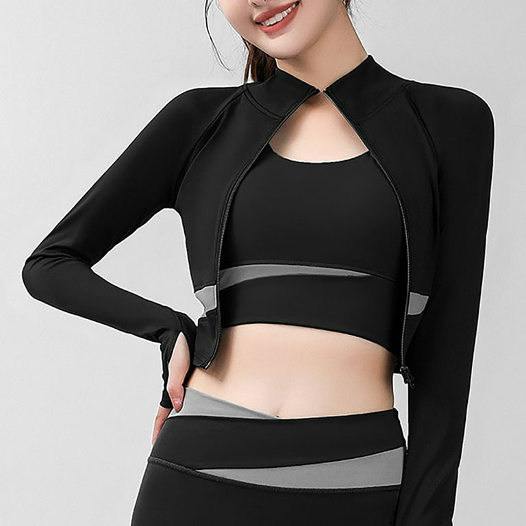 Women's Sports Crop Tops Jacket Lightweight Stretchy Full Zip Workout  Running Jacket Quick Dry Slim Fit Long Sleeve Yoga Jacket with Thumb Holes