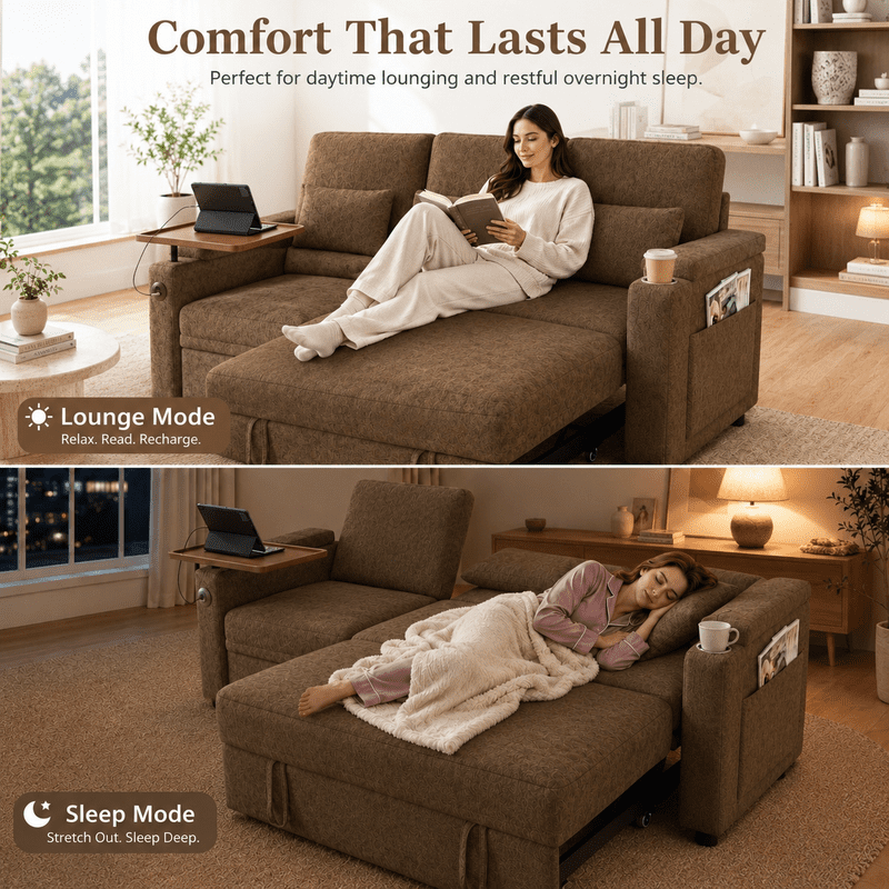 3-in-1 Convertible Sofa Bed, 3-Seater Chenille Couch with Adjustable Backrest, USB Charging Ports, Table Board and Storage Armrests, 81'' Foldable Sleeper Sofa for Living Room