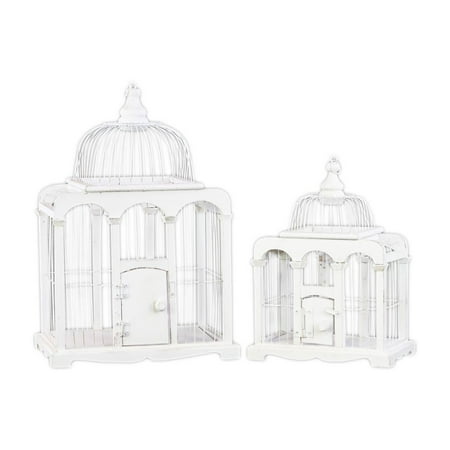 60197 Wood Bird Cage With Metal Bars And Ring Hanger Set Of Two - White