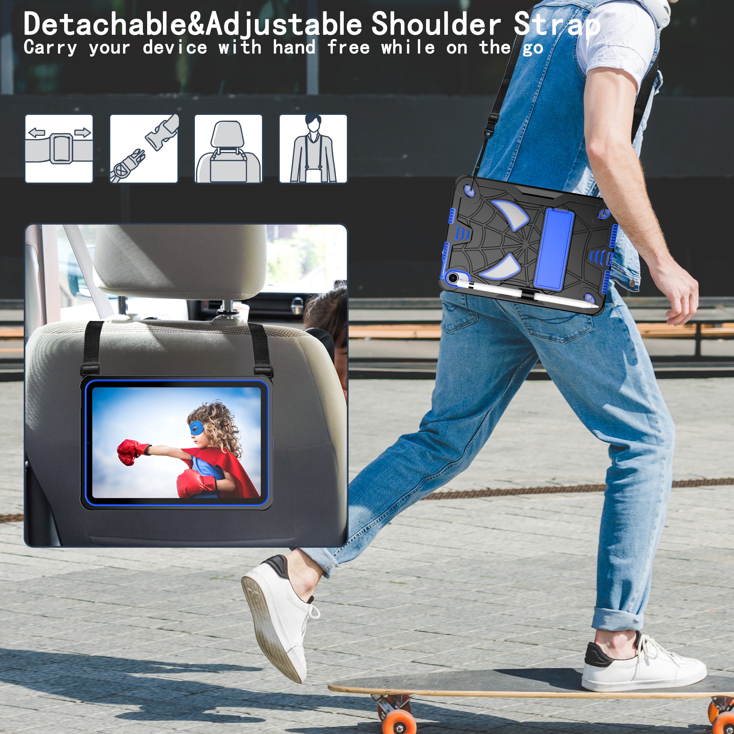 TECH CIRCLE for iPad Mini 8.3" (A17 Pro), iPad Mini 6 (8.3") 3-Layer Rugged Shockproof Case with Shoulder Strap, Built-in Kickstand, Pencil Holder, Cute Spider Heavy Duty Tablet Cover, Black Blue