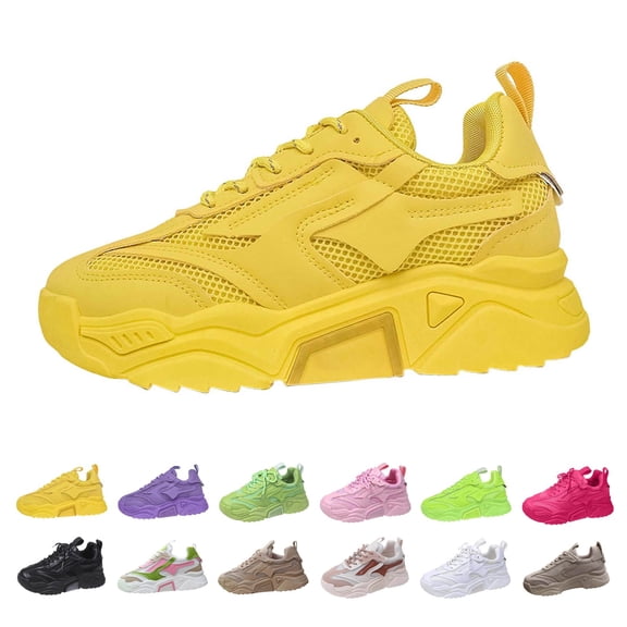 AUDeals Women Chunky Platform Sneakers, Colorblock Casual Shoes, Breathable Walking Shoes with Glitter Detail (Yellow, 5.5)