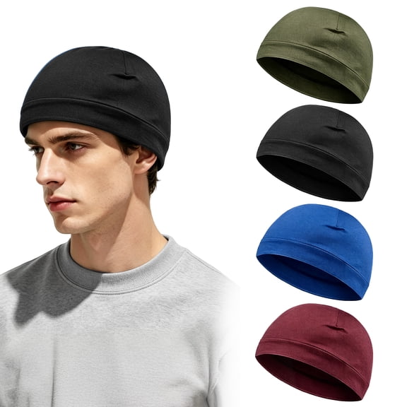 WSNIJFU 4 Pieces Men Skull Caps Soft Cotton Beanie Hats Stretchy Helmet Liner Multifunctional Headwear for Men Women