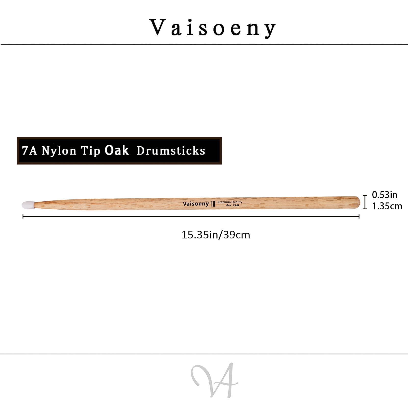 Vaisoeny Drum Sticks 7A, Nylon Tip Drum Sticks Set for Acoustic Drums or Electronic Drums, Oval Nylon Tip Oak Drumsticks for Drummers and beginners (12 Pair)