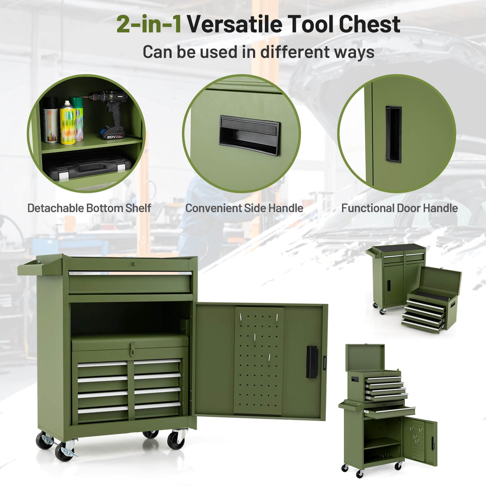 Costway 2 in 1 Tool Chest & Cabinet with Sliding Drawers Rolling Garage Organizer Green