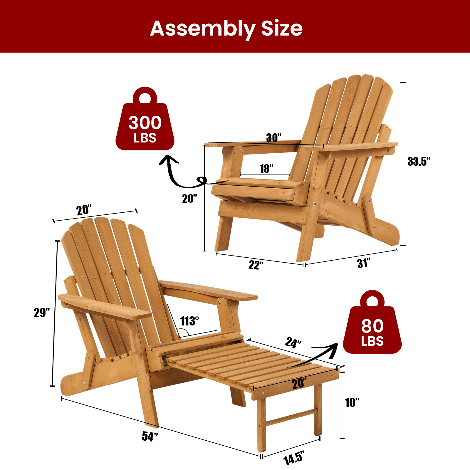 Easy4Home Larger Wooden Adirondack Chair Folding Patio Chair with Retractable Ottoman, Light Brown