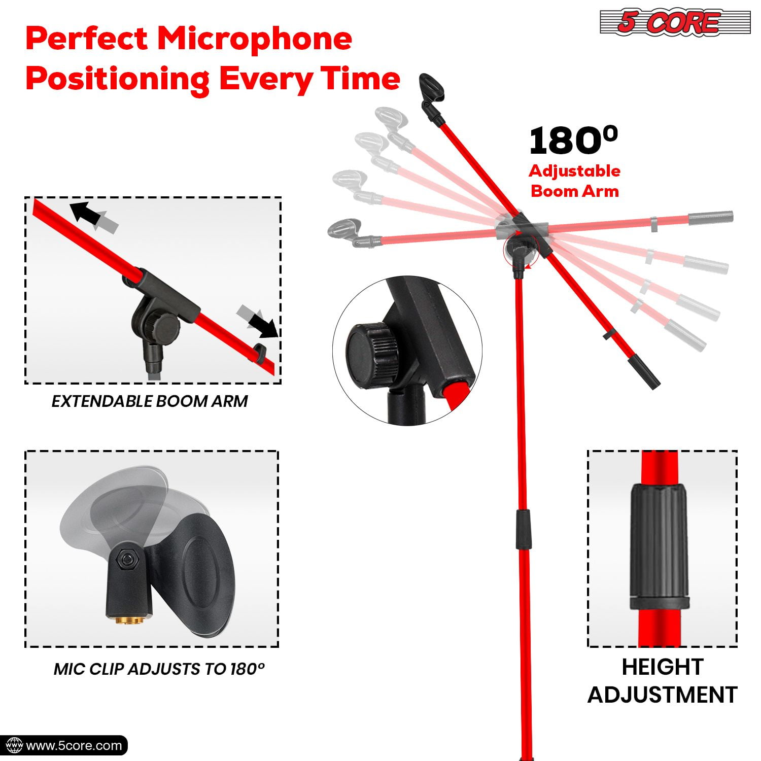 Tripod Mic Stand Floor Adjustable 18 to 72 Inches Sturdy Boom Arm Holder Microphone Stands Pedestal Para Microfono for Singing MS 080 RED