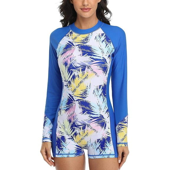 Charmo Women's Long Sleeve Rashguard Boyshort One Piece Swimsuit, Size XL, Blue (Boylegs)