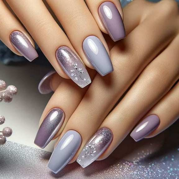 24Pcs Gradients Purpled Shimmery Square Faux Nails with Flower Designs Easy Press On Nails for Parties and Daily Wear