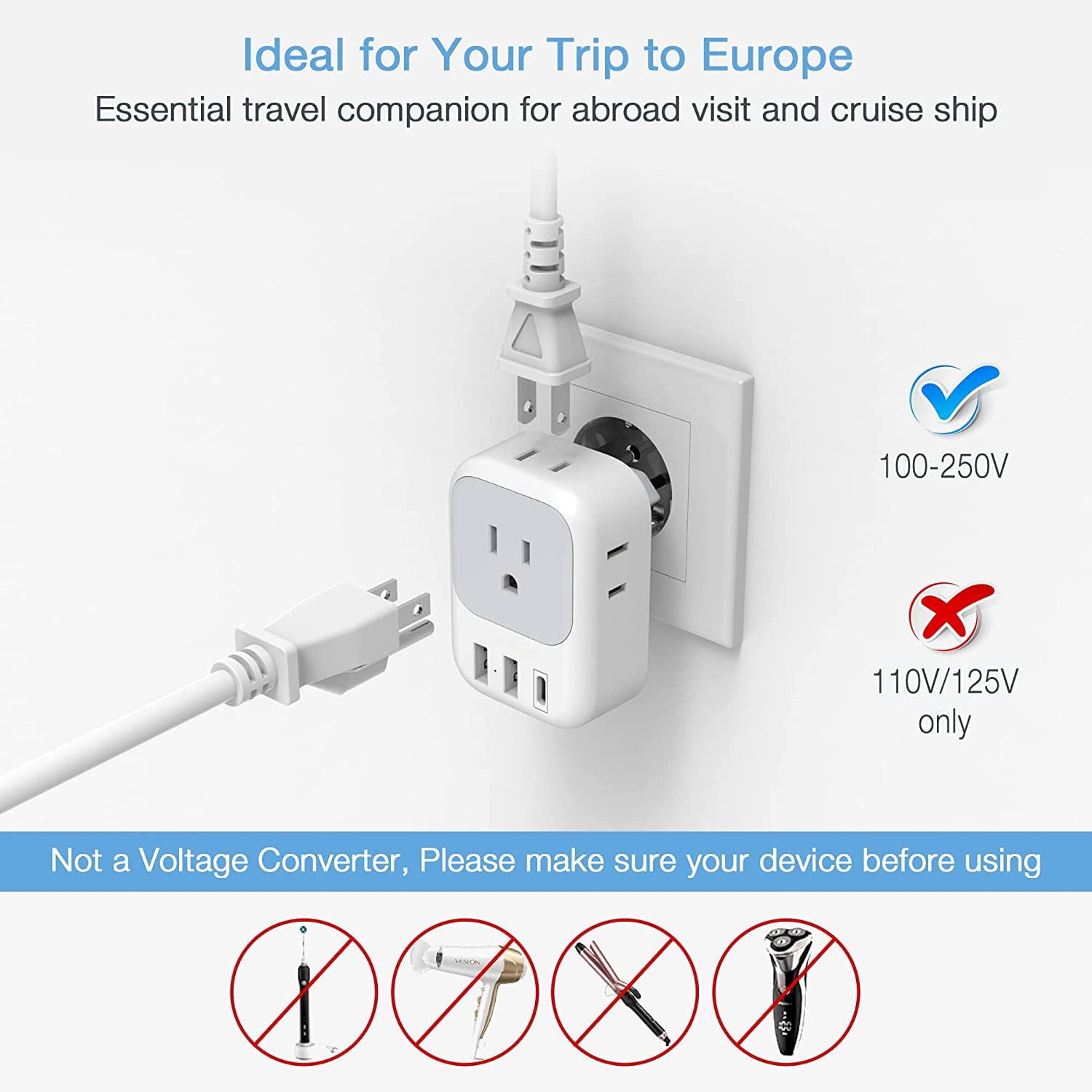 Type C US to EU Travel Plug Adapter with 4 AC Outlets & 3 USB Ports (Incl. USB-C), White