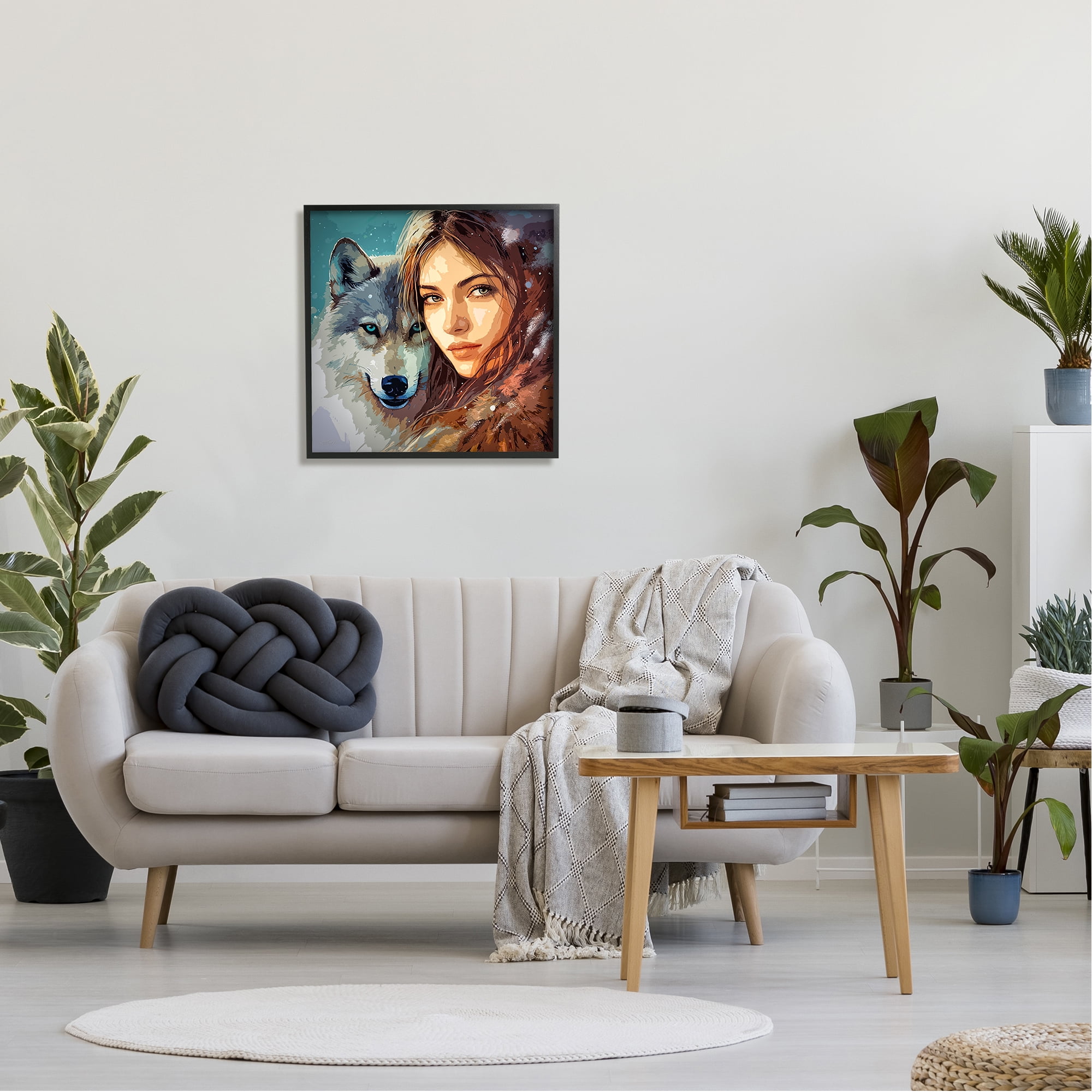 Stupell Industries Girl & Grey Wolf Portrait Animals & Insects Painting Black Framed Art Print Wall Art, 24 x 24
