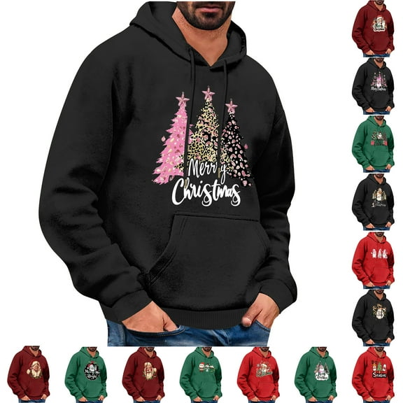 VBTAPA Christmas Hoodies for Men Santa Claus Print Hooded Sweatshirt Novelty Holiday Graphic Hoodie Loose Casual Drawstring Sweatshirt with Kangaroo Pocket Black L