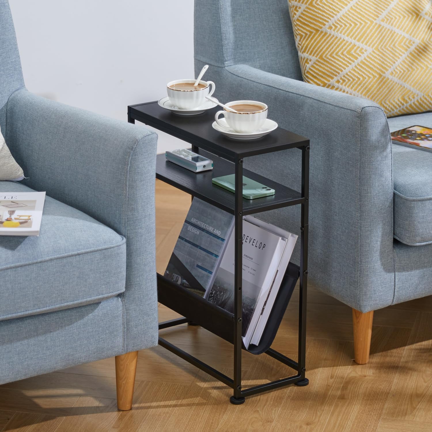 ZEXVIDA Narrow End Table for Small Spaces - Slim Side Table with Magazine Holder,2 in 1 Design Narrow End Table Living Room,Skinny Bedroom Nightstand Thin Side Magazine Table,Black