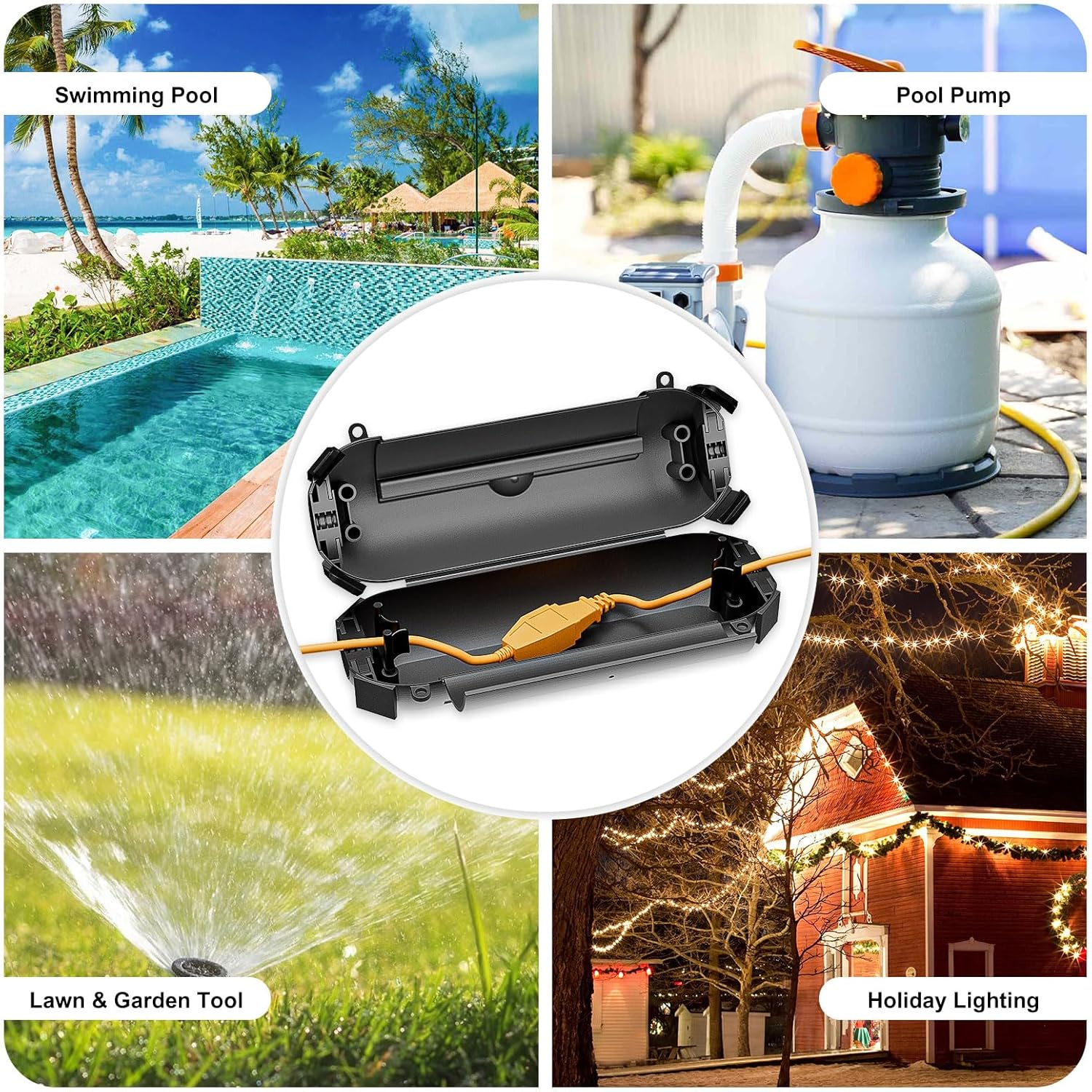 6 Pack Outdoor Extension Cord Cover Waterproof - Weatherproof Electrical Connection Box for Outdoor Outlet, Plug, Socket, Christmas Holiday Decoration, Power Tool, Black